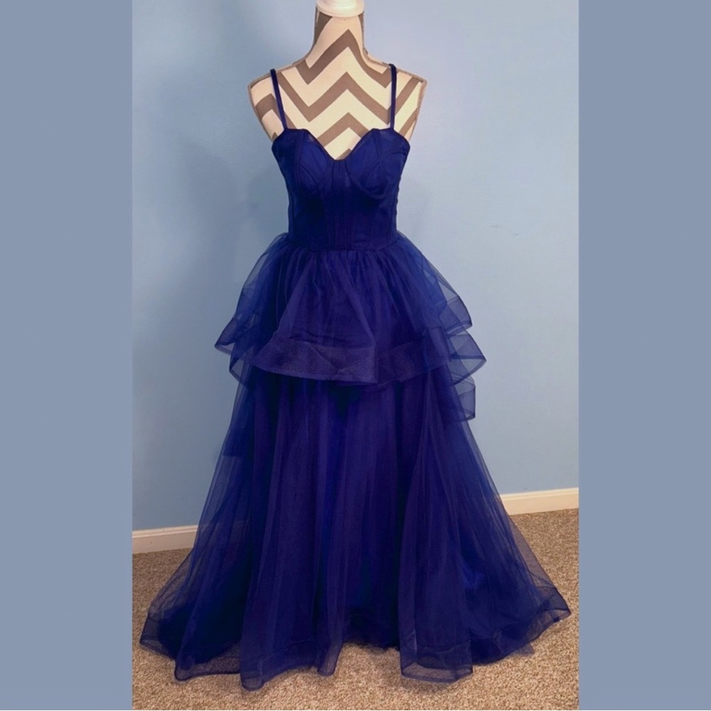 Custom Midnight Blue Ballgown Corset Boning Train Gala Prom Pageant A-line
Gown